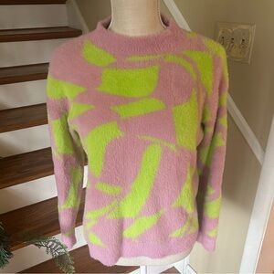 Forever 21 Y2K Fuzzy Sweater Pink Green Abstract Soft Knit Long Sleeve S Cozy